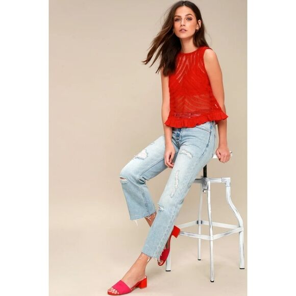 Free People|She's a Doll Red Lace Sleeveless Peplum Top, XS - Picture 2 of 10
